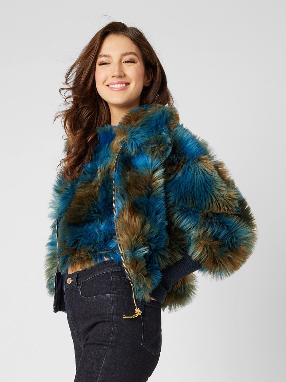 Adrienne Landau Faux Fur Bomber Jacket in blue green multi - Picture 2 of 5